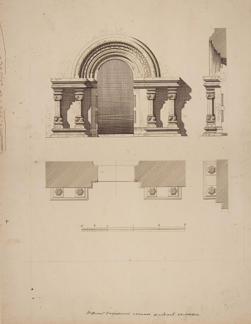 Чертеж. Южный внутренний портал западной галереи храма Живоначальной Троицы в Останкине. Общий вид и план. 1890-е. Султанов Н.В., Дитрих А.И.